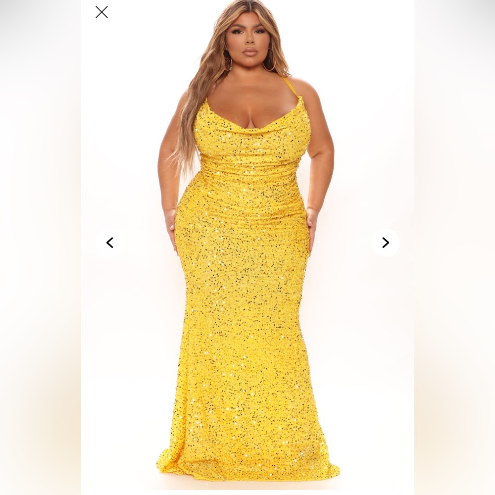 Fashion Nova Yellow Sequin Cowl Neck Gown